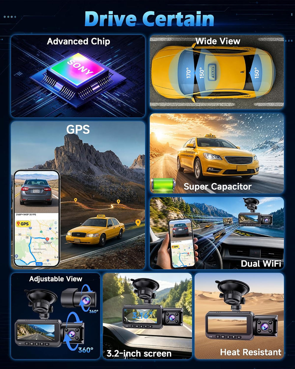 4K+2.5K+1296P 3 Channel Dash Cam: Front Rear Inside Car Camera, 64GB Card