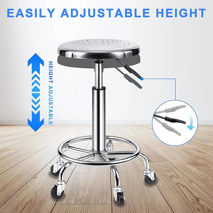 Rolling Stool, Stainless Steel Workbench Stool, Adjustable Swivel Stool Medical