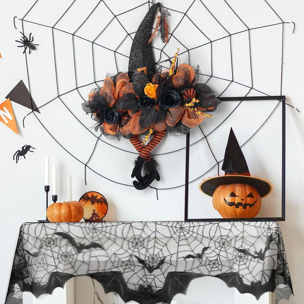 Halloween Wreath for Front Door, Witch Hat & Spiderweb Mantel Scarf Set