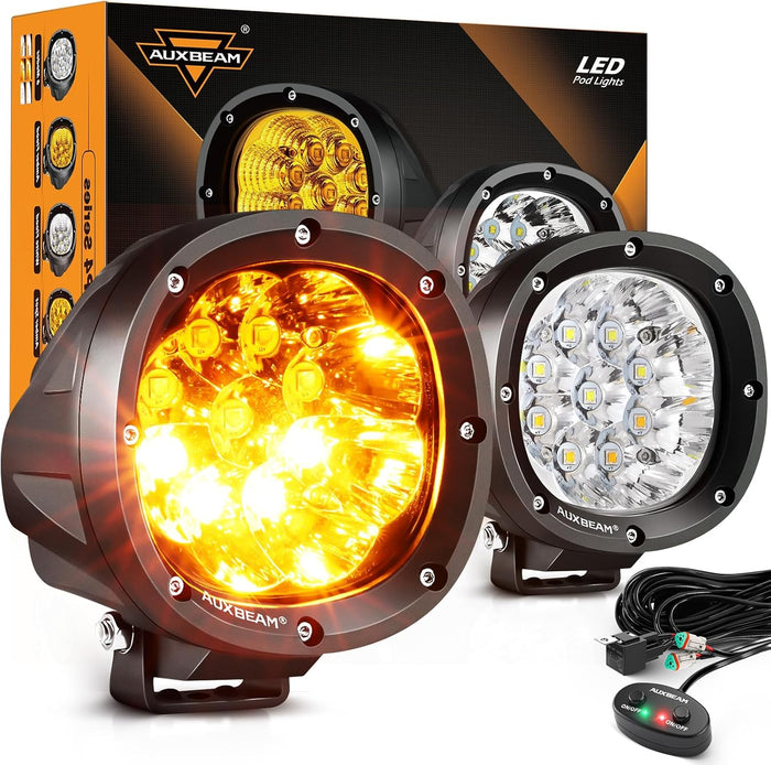 Auxbeam 6 Modes Amber White Round LED Pods, P4 Series 4 Inch 90W Flashing (2-Pack)
