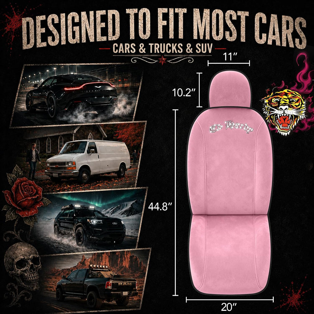 ED HARDY Car Seat Covers, Pink Soft Short Plush & Silver Diamond Graphic