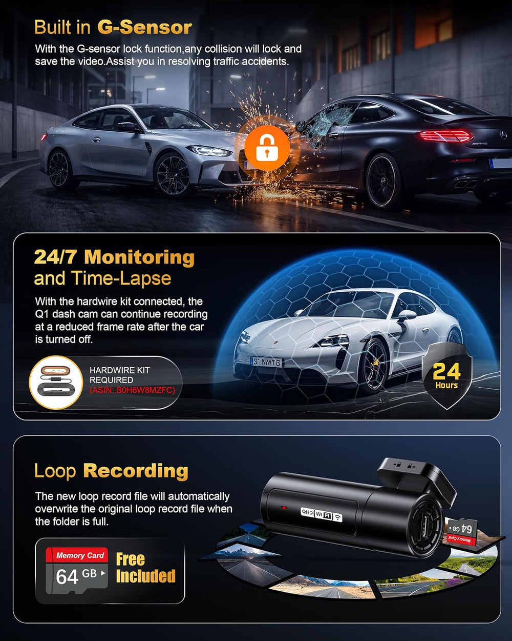 2.5K Dash Cam Front, 64GB Card Included, Mini Dash Camera with WiFi & App
