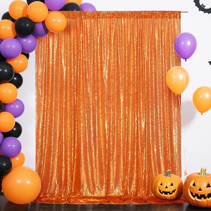 Eternal Beauty Orange Sequin Backdrop, 8x10 Ft Halloween Glitter Background C...