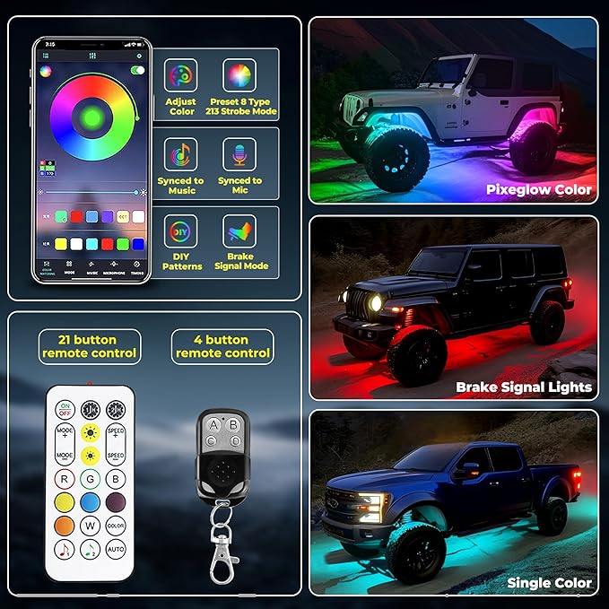 8 Pods 168 LEDs 5 Sides RGB Rock Lights, App/Remote Control Rock Lights