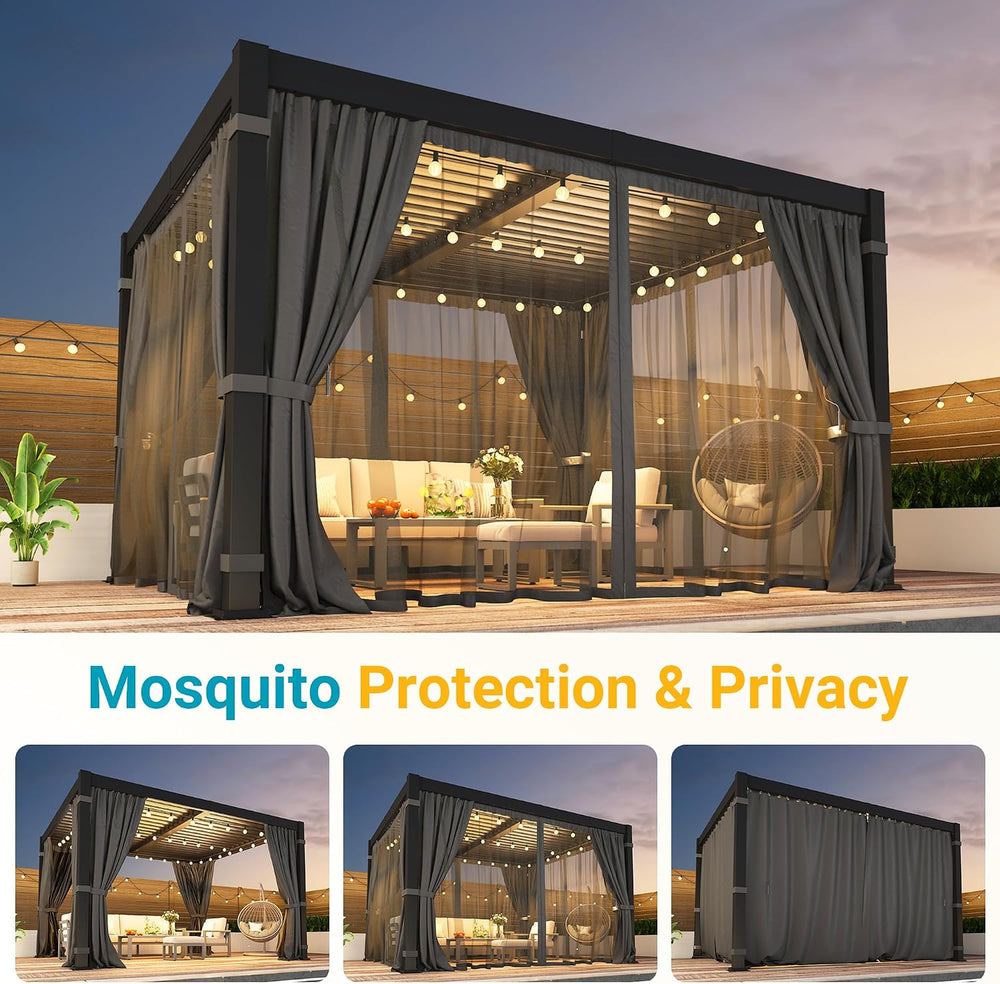 10' x 12' Pergola with Curtain & Adjustable Roof & Aluminum F...