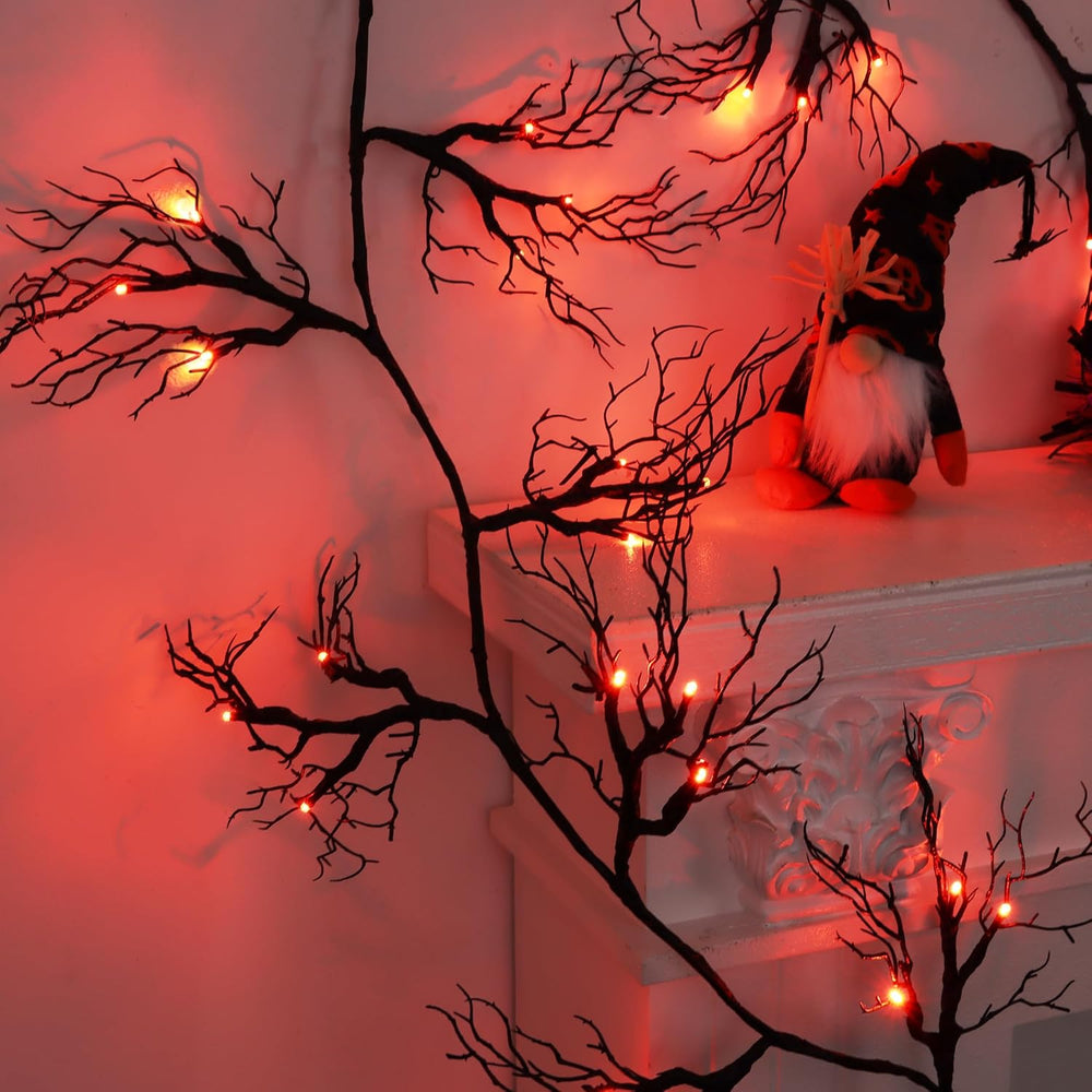 9 Ft 66 LED Willow Vine Twig Decor Black Halloween Garland with Orange Lights...