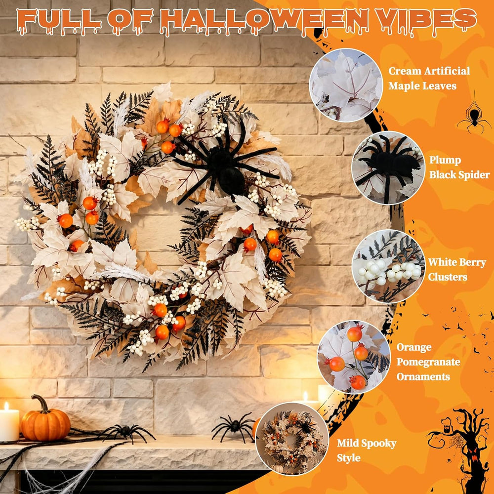 Grooy 24 Inch Halloween Wreath for Front Door with Spider Maple Leaf