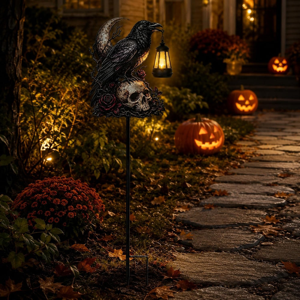 Halloween Garden Decorations Outdoor, Crow Skull Solar Garden Stake with Lant...
