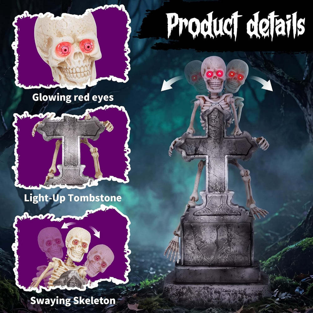 46" Halloween Animatronic Tombstone Decor, Sound‑Activated Swaying Skeleton