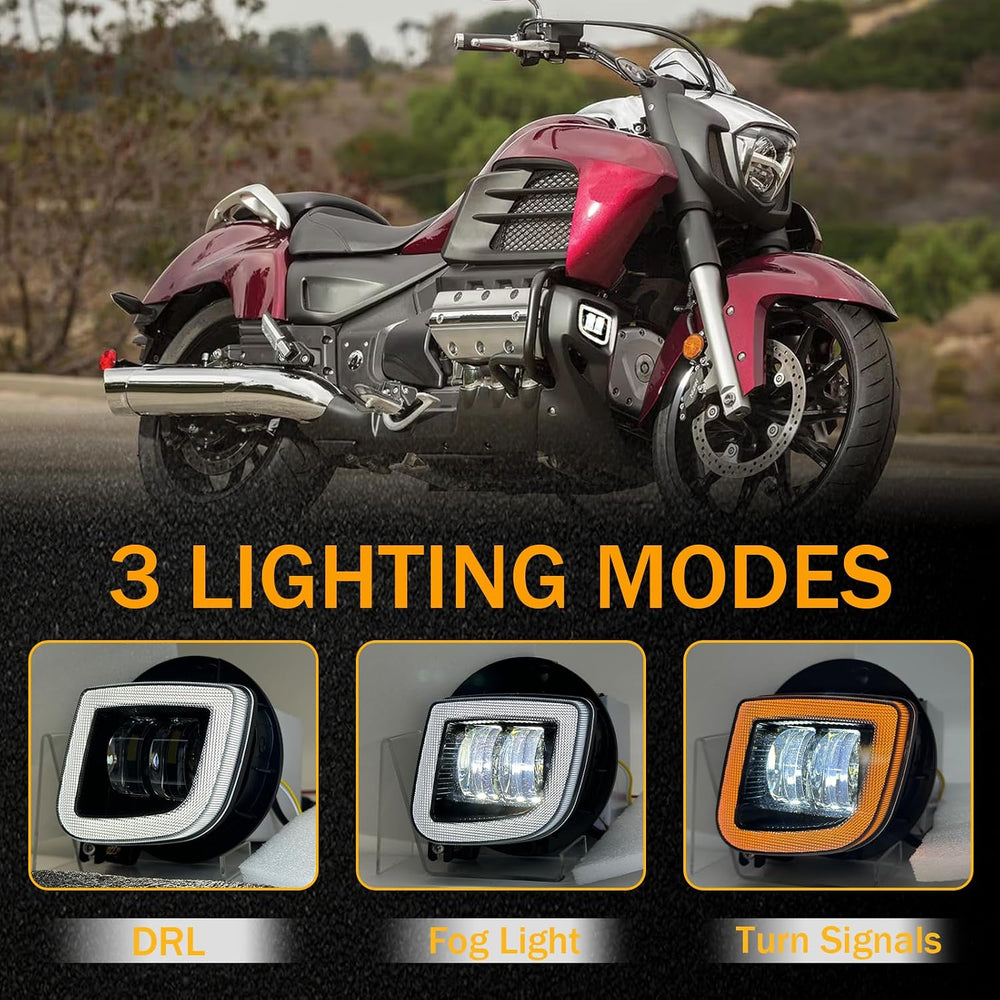 Pair LED Motorcycle Fog Lights Assembly with DRL Turn signal for Honda GoldWi...