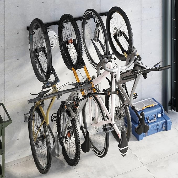 monTEK Enhanced Bike Storage Rack, Adjustable 4-Bike and 2-Helmet Hangers