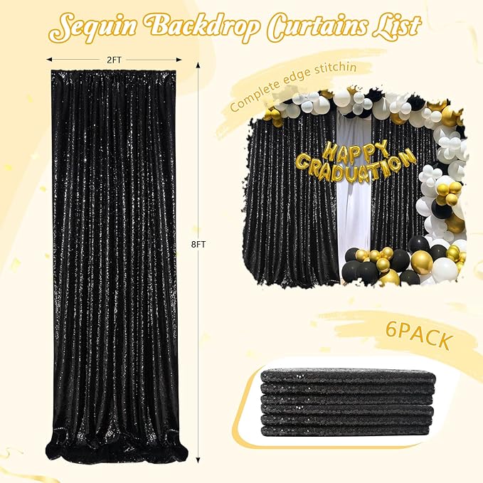 Sequin Backdrop Black Curtain 6 Panels 2ftx8ft Sparkly Party Background Drape...