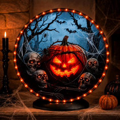 Lighted Halloween Decorations Battery Operated, Halloween Pumpkin Skull Decor with Light and Sound Effects, LED Spooky Tabletop or Wall Hanging Decoration for Home Party Indoor Display