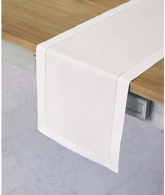 Solino Home White Table Runner 108 Inches Long - Cotton Linen Hemstitch 14 x ...