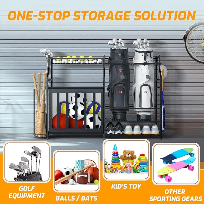 PLKOW Sports Equipment Organizer Rack, Garage Ball Rack, 2 Golf Bag Storage and