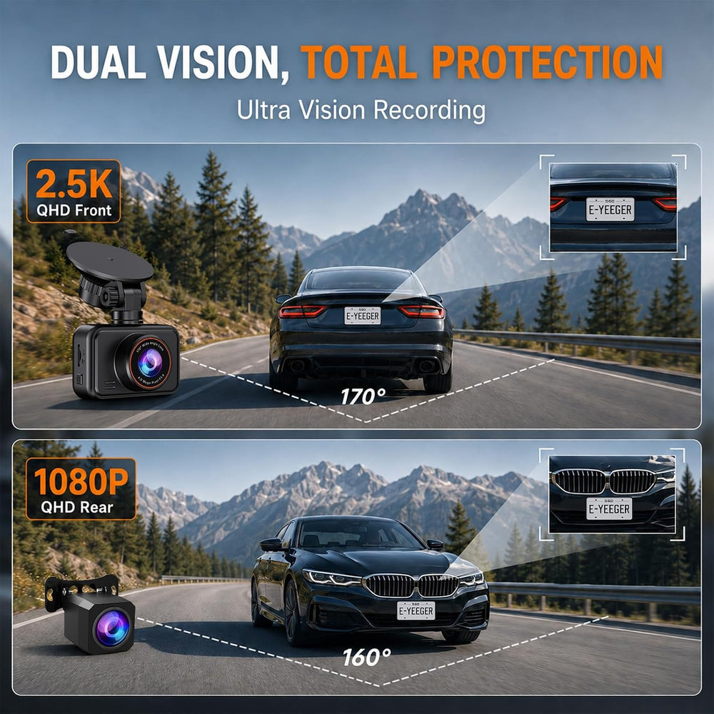 Dash Cam Front and Rear for Cars, 2.5K+1080P Dual Camera with 2" Screen