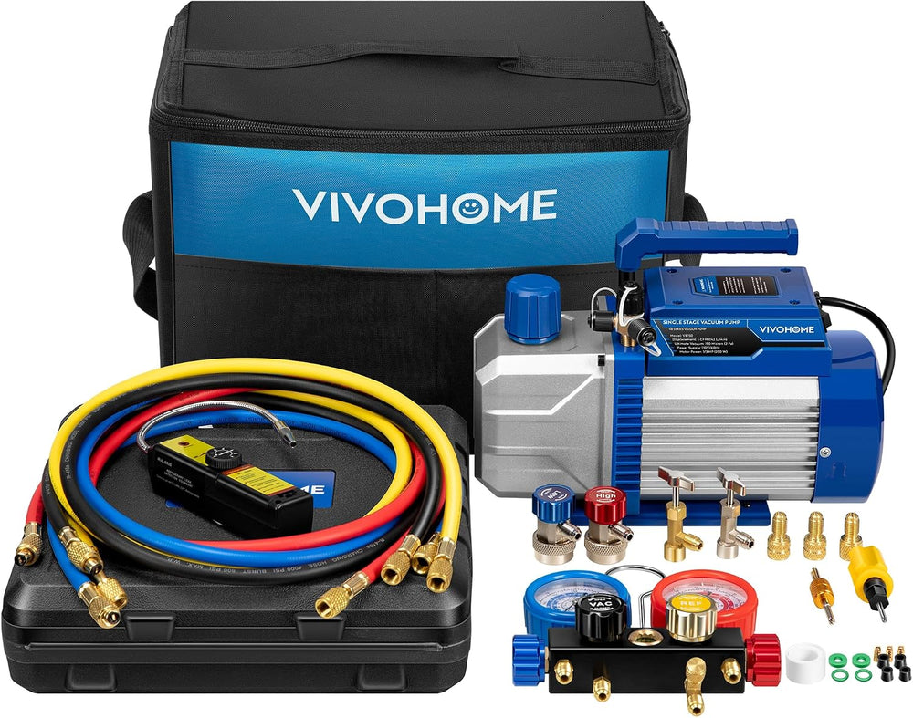 VIVOHOME 1/3 HP 5CFM 1 Stage AC Vacuum Pump and 4 Way AC Manifold Gauge Set