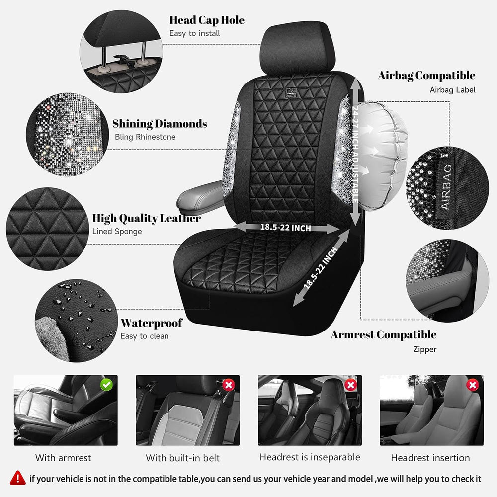 CAR PASS Bling Diamond Leather Car Seat Covers Full Seats Interior Sets, Wate...