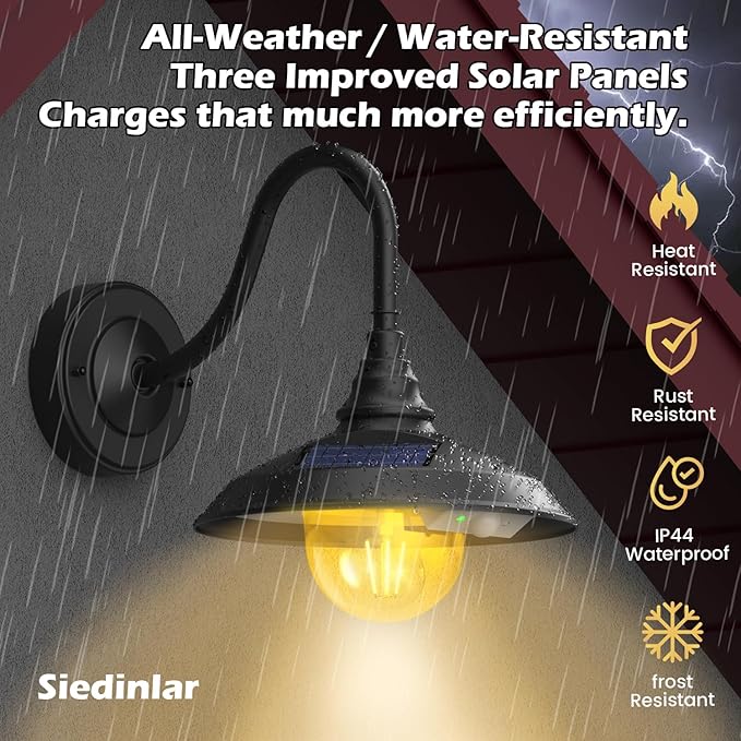 SIEDiNLAR Solar Barn Light Outdoor 3 Modes 2 Lighting, Aluminum Gooseneck Wall