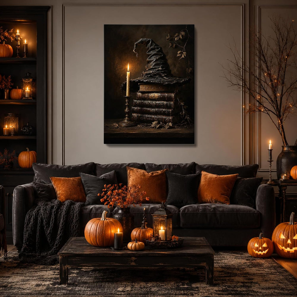 karani Halloween Canvas Wall Art, Witch Hat and Candle Halloween Pictures