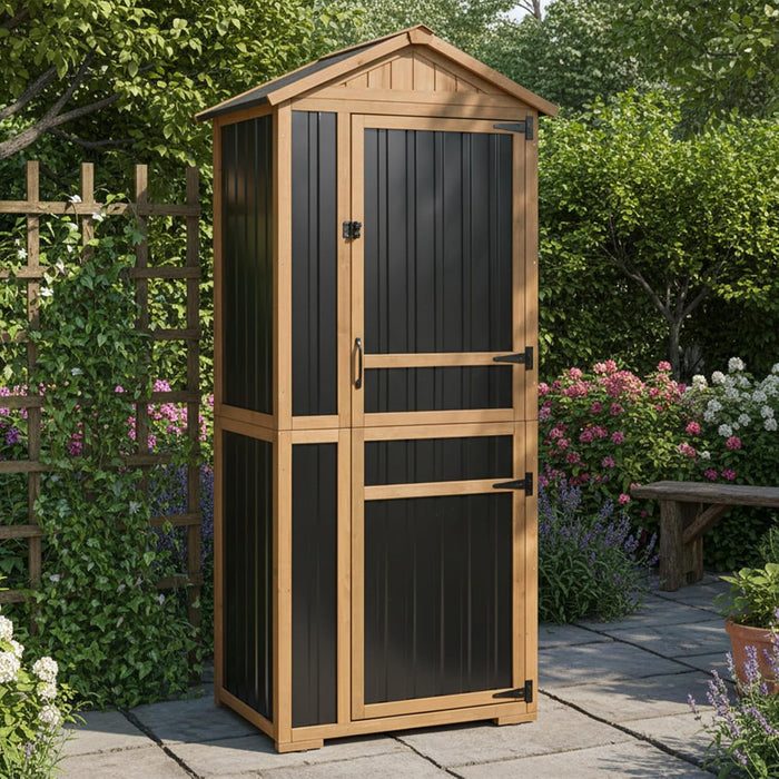 Outdoor Storage Cabinet, Wood & Metal Garden Shed with Waterproof Asphalt Roof, Patio Organizer with 3 Fixed Shelves & Removable Shelf for Long Tools, Lockable Magnetic Doors for Backyard Garage Pool