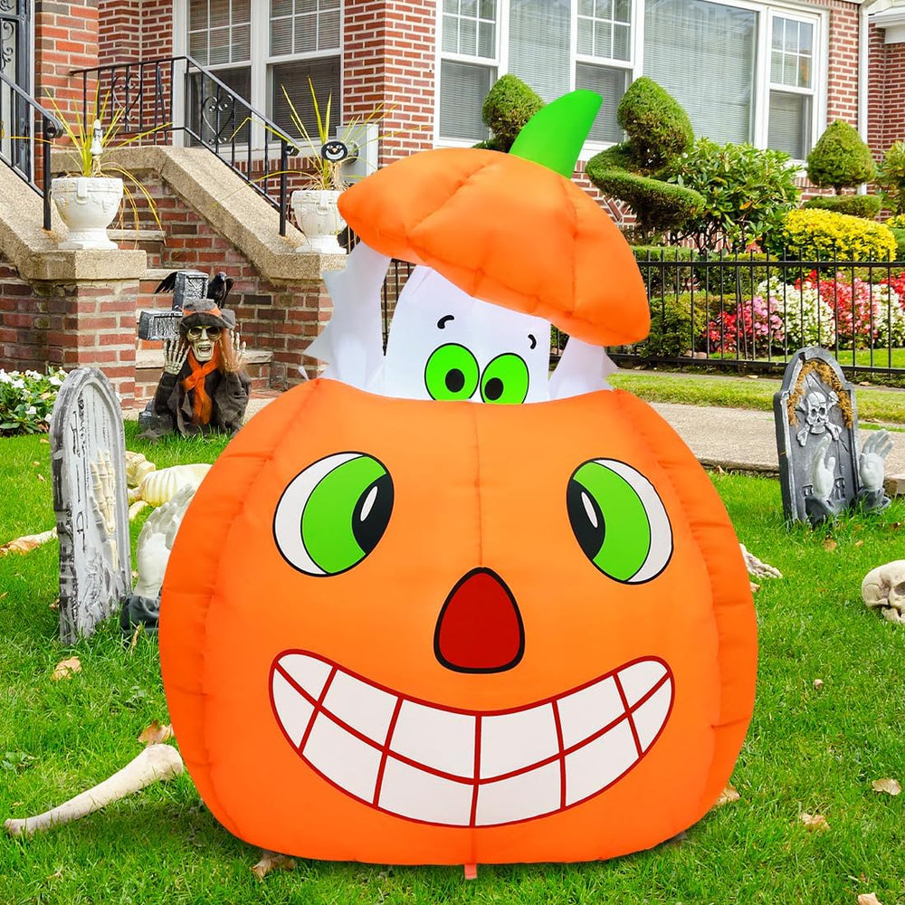 COMIN 5 FT Halloween Inflatables Animated Pumpkin Ghost Outdoor Decorations B...