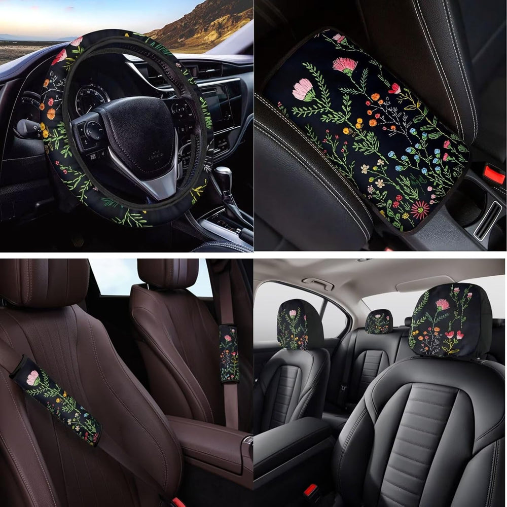 14 Pcs Wildflower Car Seat Covers Full Set with Steering Wheel Cover, Armrest...