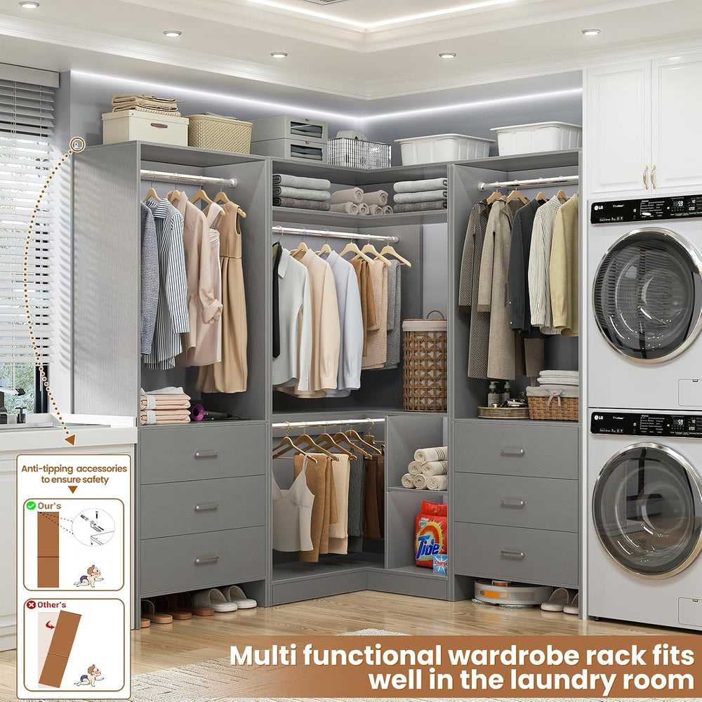 Aheaplus Closet System with 6 Drawers, 4 Hanging Rods & Corner Tower, Cor...
