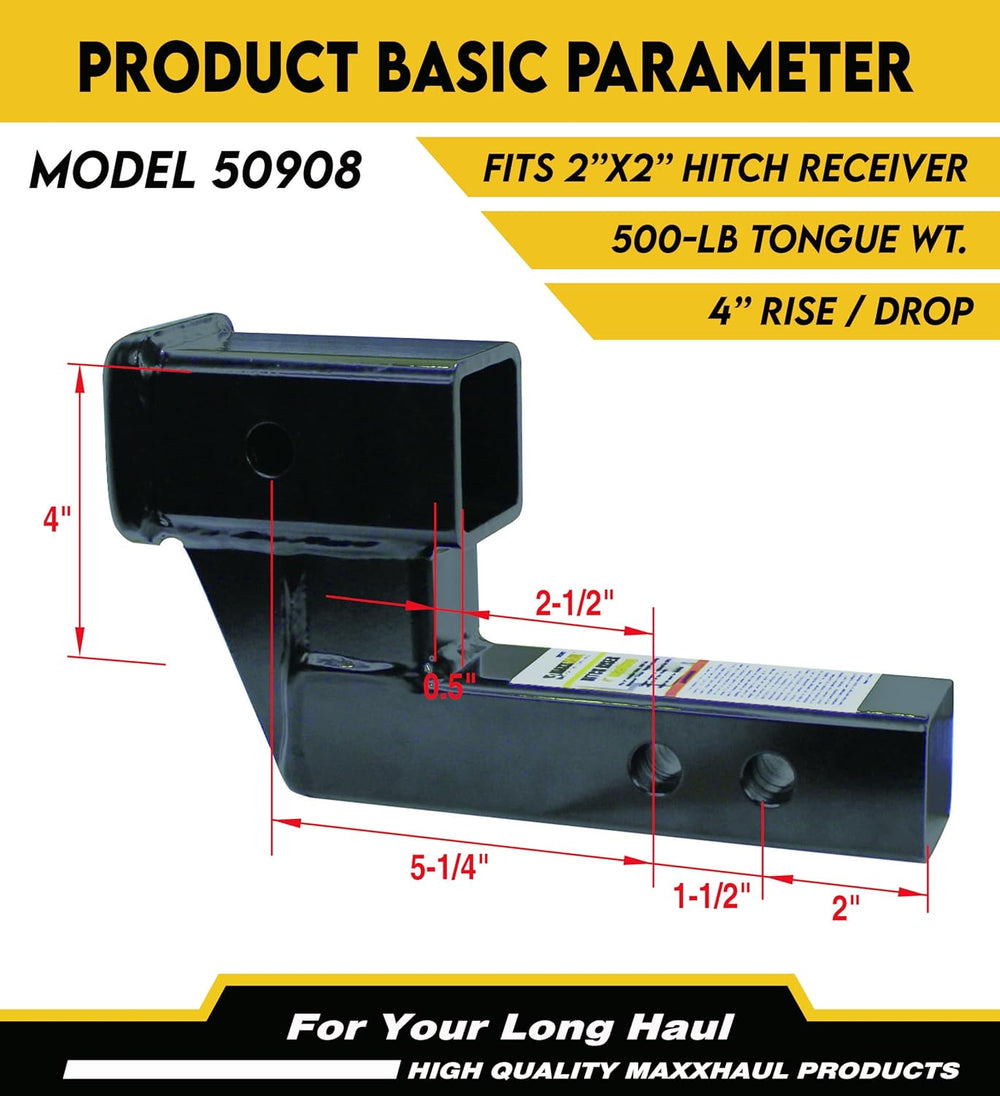 MaxxHaul Trailer Hitch Riser for 2" Receivers, 4" Rise or Drop Soli...