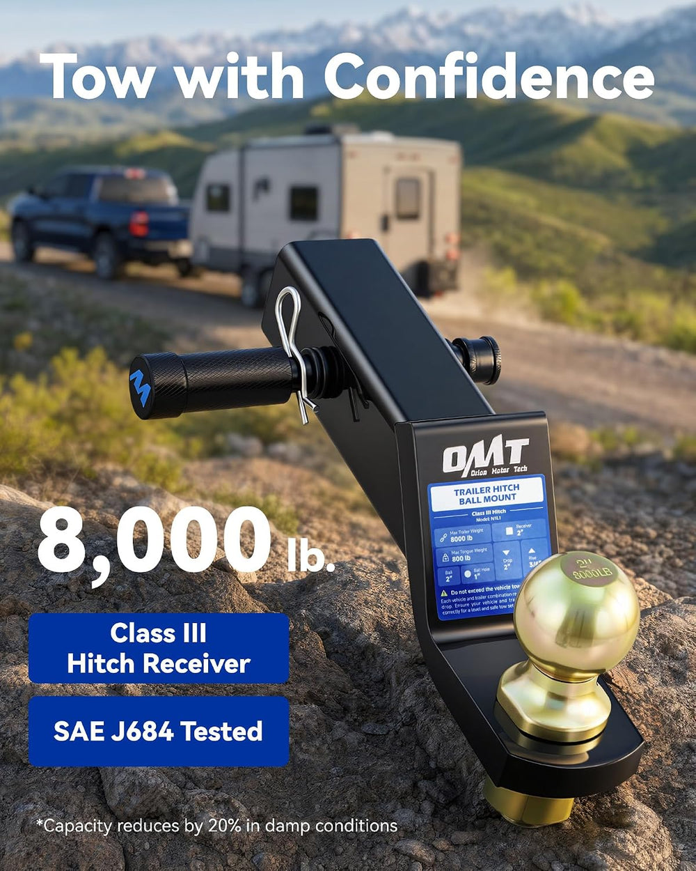 OMT Trailer Hitch Ball Mount with Locking Hitch Pin, 2" Receiver, 2&quot...