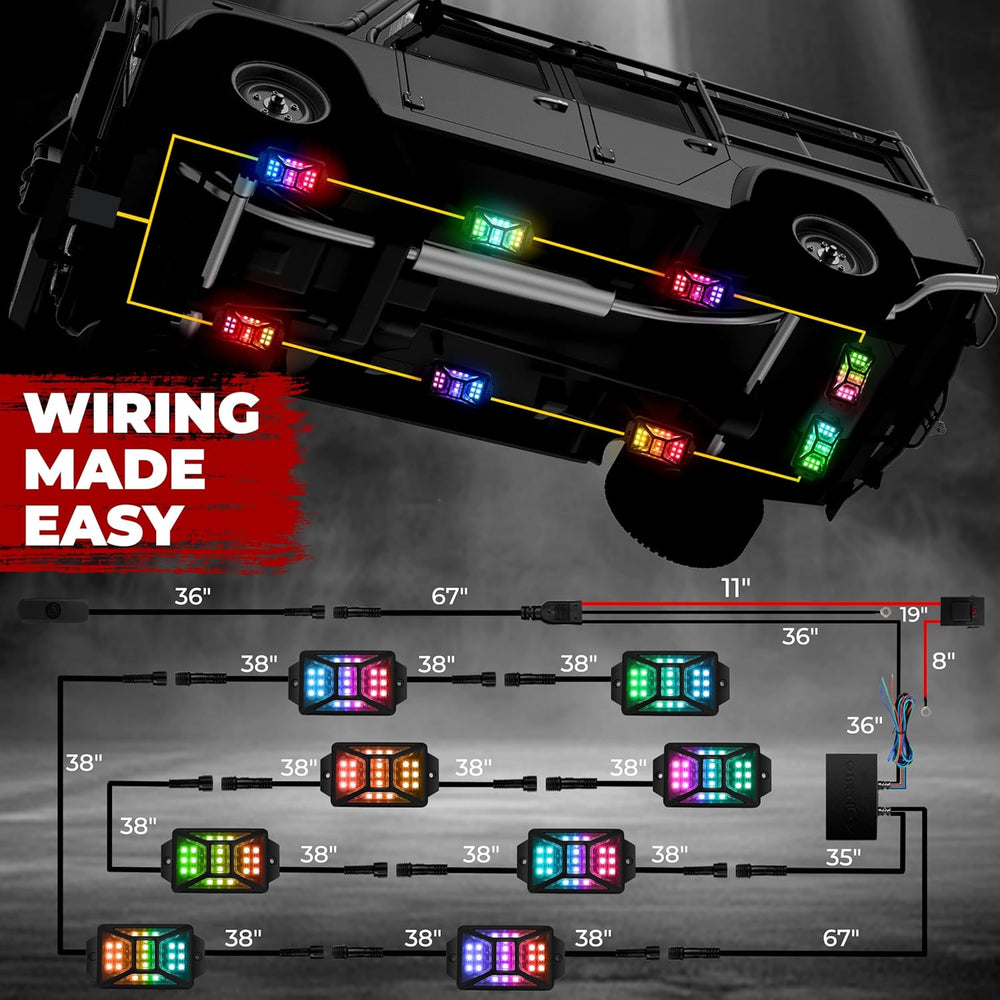 8 Pods Five Sided RGB Rock Lights for Trucks, Chasing Color App & Remote