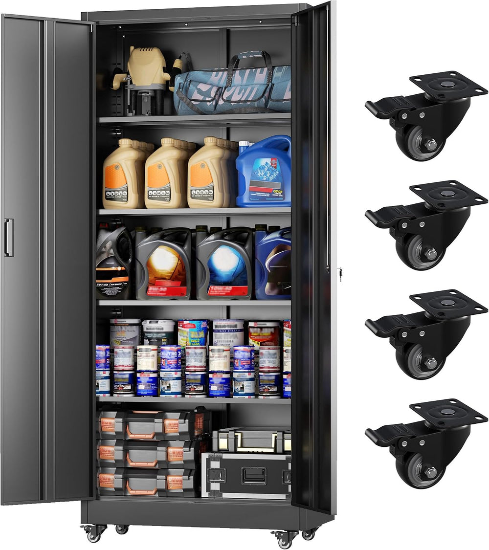 Greenvelly 73" Rolling Storage Cabinet,Black Metal Garage Cabinet with L...