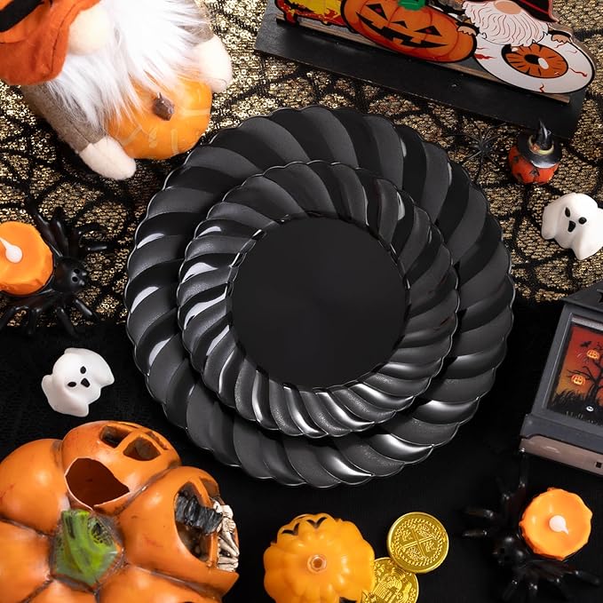 U-QE 60 Pcs Black Plastic Plates for Party – Scalloped Plastic Plates Heavy D...