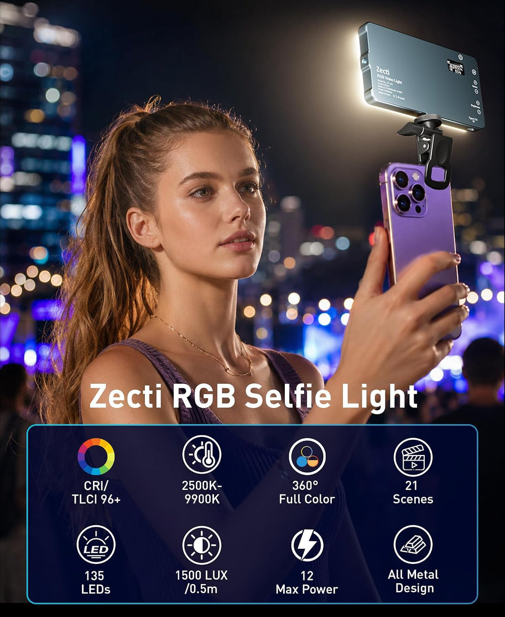 Zecti 135 LED Selfie Camera Phone Light with Metal Hotshoe & Clip
