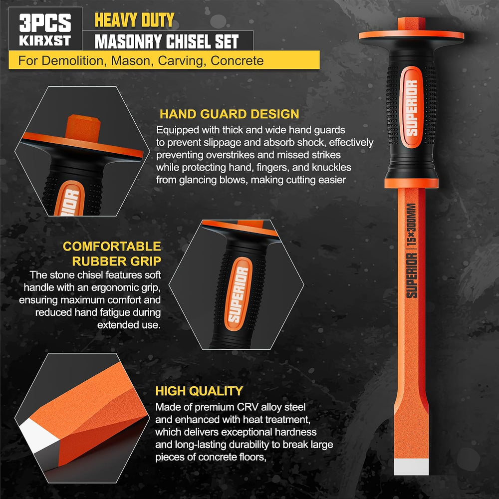 3Pcs Heavy Duty Masonry Chisel Set with Hand Guard Concrete Chisel Tools Incl...