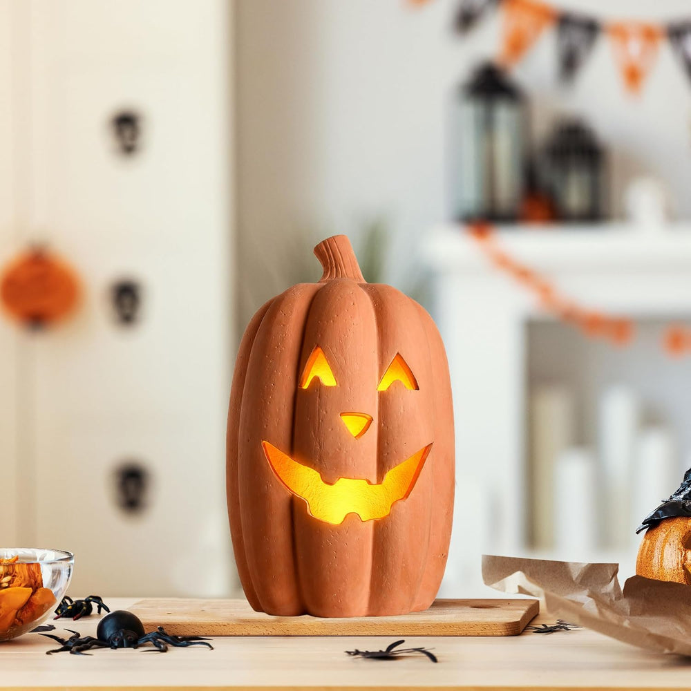 Halloween Lighted Terracotta Jack O Lantern Pumpkin 15 Inch Decor (Large)