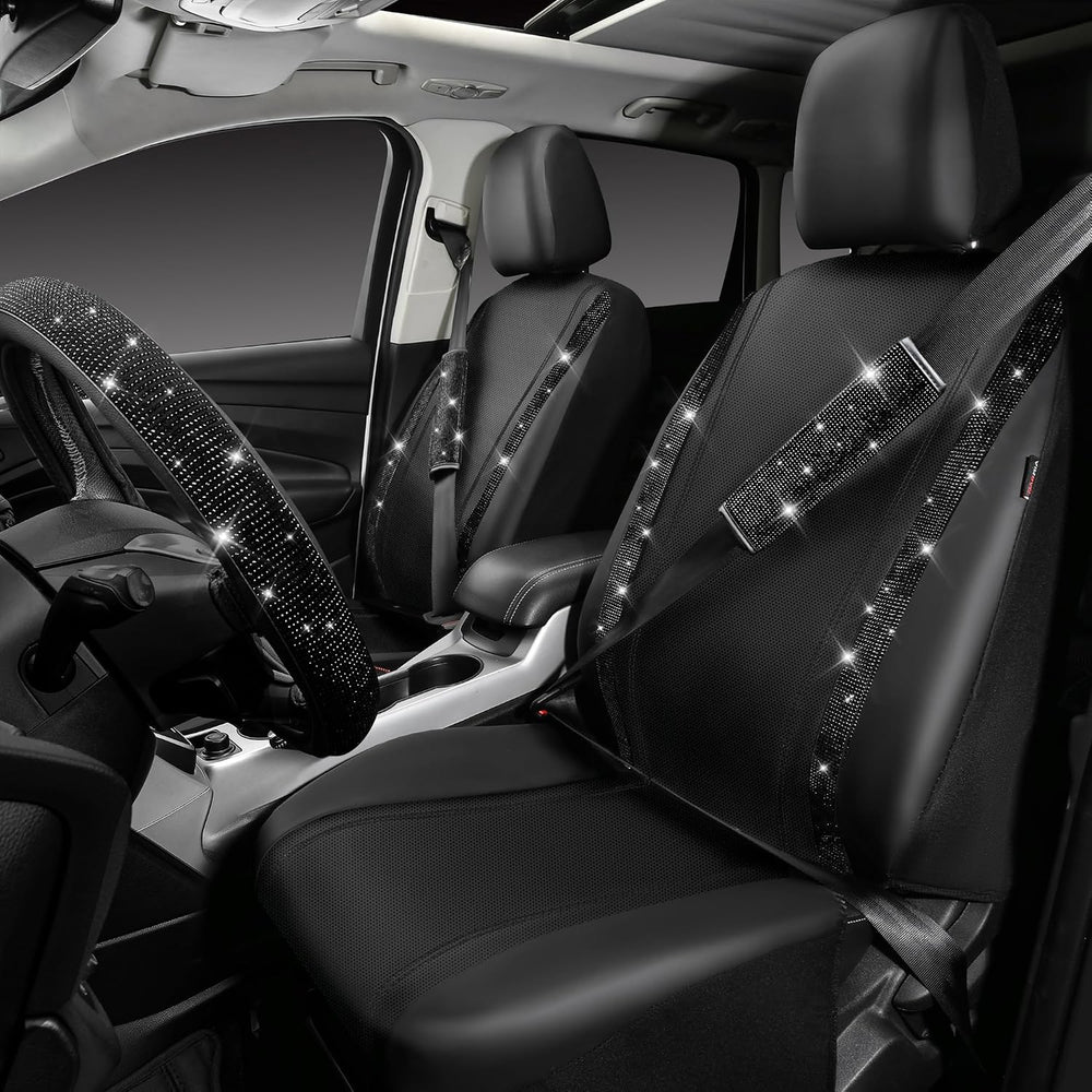 CAR PASS Bling Diamond Leather Car Seat Covers 11 PCS, Sparkly Rhinestone Ste...