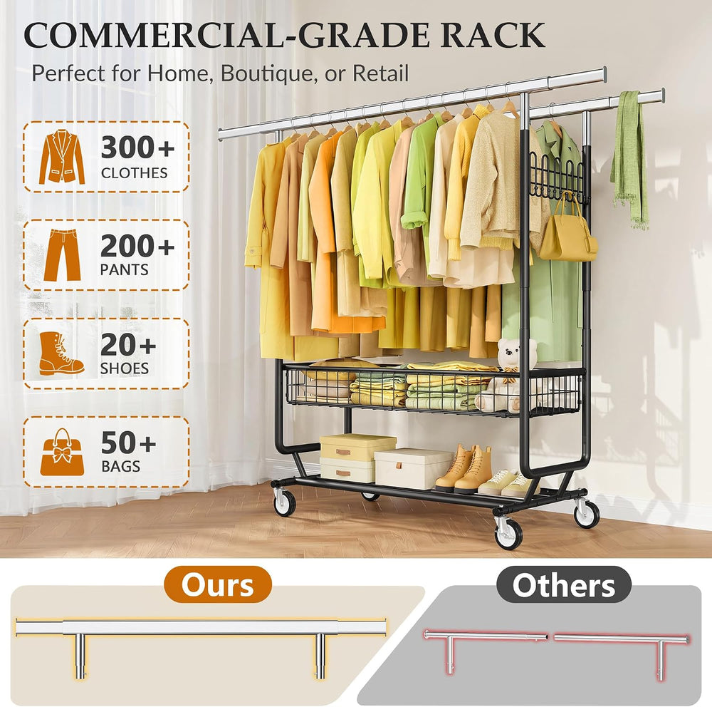 Gewudraw Clothes Rack Heavy Duty Load 1060 LBS with Wheels,Commercial,Black