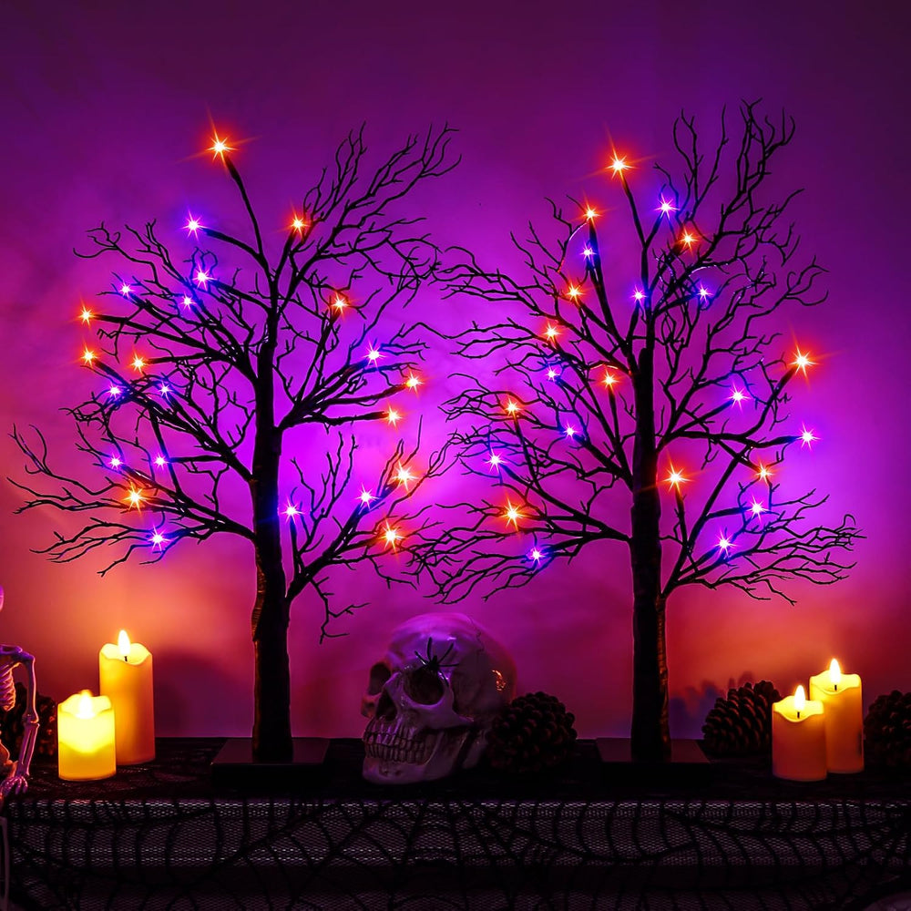 Halloween Decorations Indoor - 2Pack 24 Inch Spooky Black Tree with Lights, L...