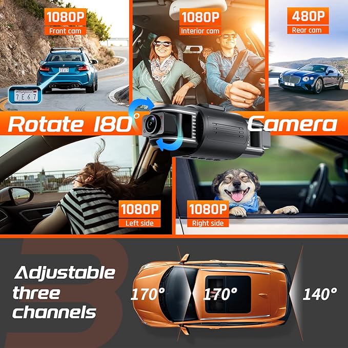 iiwey T1-pro Dash Cam Front and Rear Inside 3 Channel 1080P, Adjustable Lens