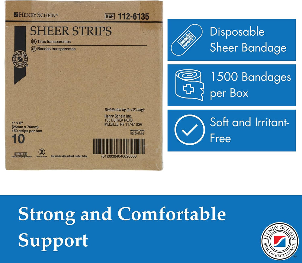 Henry Schein Sheer Strip Adhesive Bandages, 1" x 3", Sterile, 1500 Ct