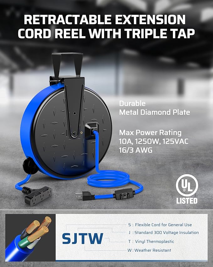 DEWENWILS 30FT Extension Cord Reel, 16/3 Gauge SJTW Power Cord, Retractable