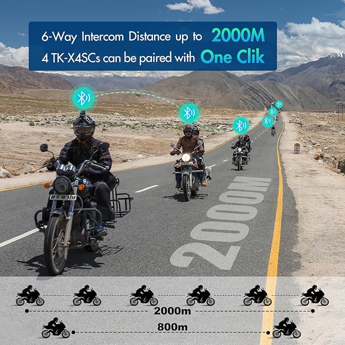 TK-X4SC Motorcycle Bluetooth Headset, 6 Riders 2000m Helmet Group Intercom