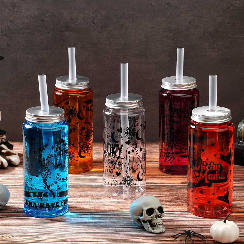 Meanplan 24 Pcs Halloween Ghost Plastic Cup with Lids and Straws Bulk 14 oz