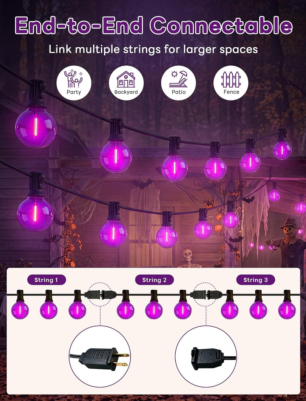 Abeja 50FT G40 Purple Halloween String Lights, Halloween Lights Outdoor with ...