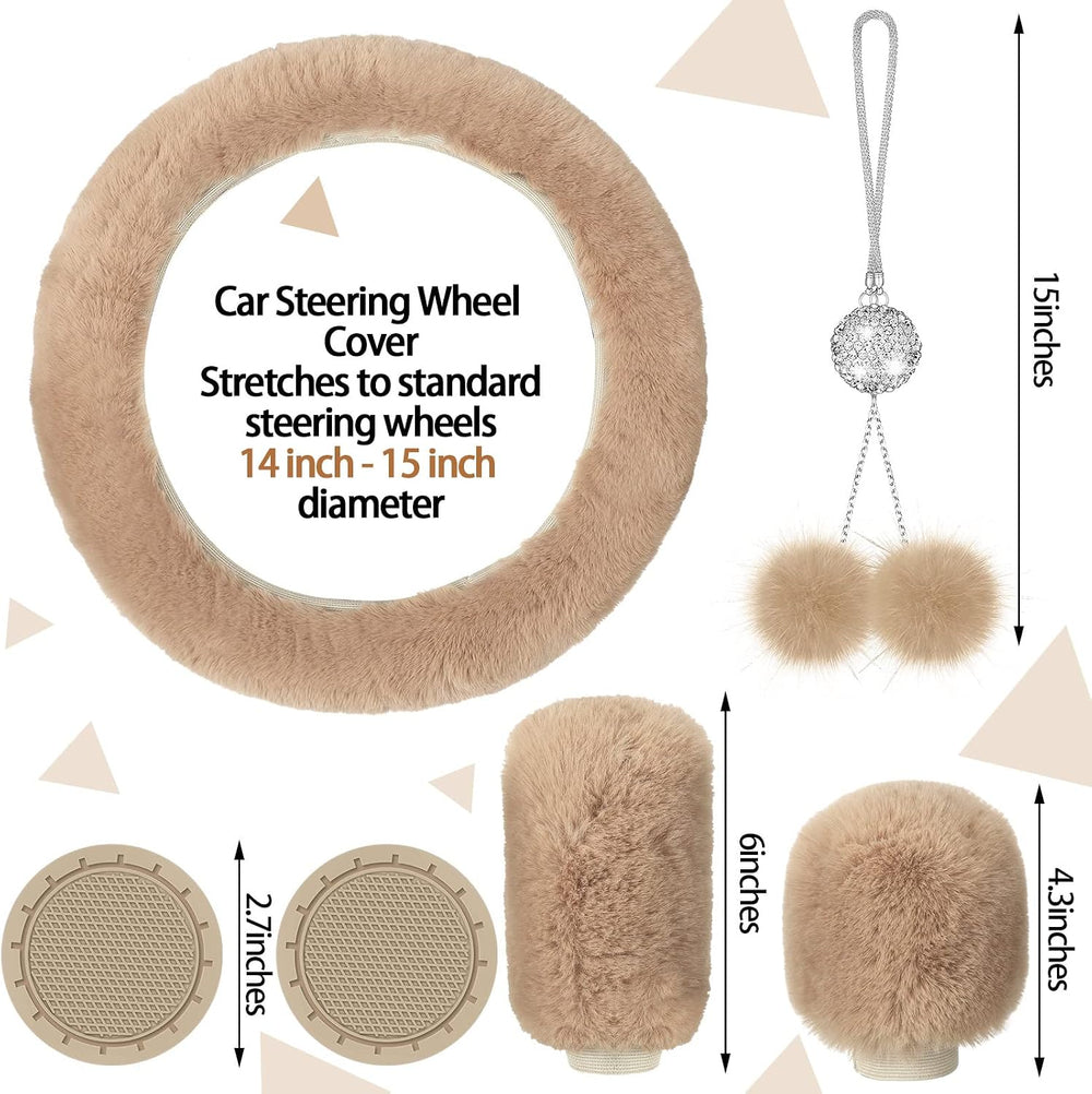 17 Pcs Car Seat Cover Full Set for Women Fluffy Fuzzy, Beige Black