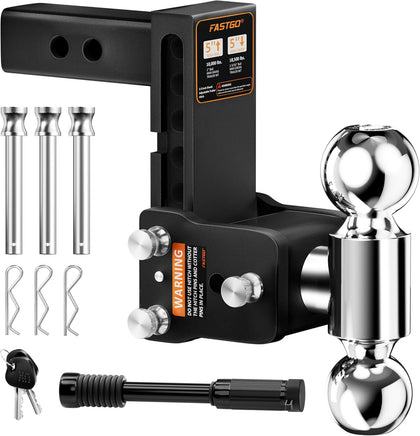 Fastgo Trailer Hitches - Fits 2.5" Receiver, Adjustable Trailer Hitch Ball Mount, Dual Ball (2" x 2-5/16") Tow Hitch, Drop Hitch, Truck Hitch, Anti-Theft, 5" Drop/Rise, 18500GTW