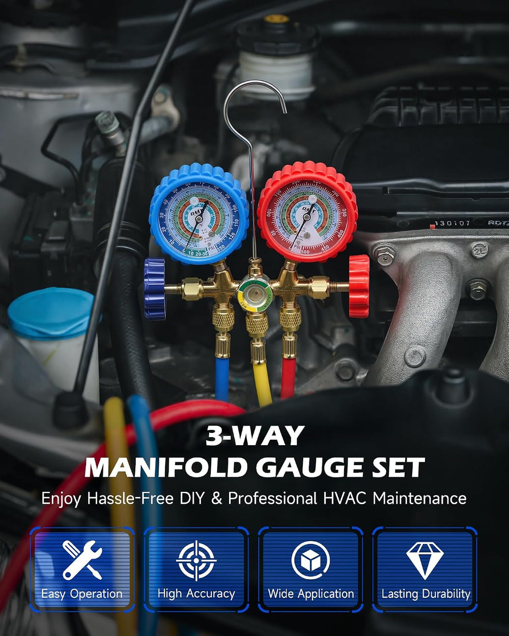 OMT 3-Way AC Manifold Gauge Set for R134a R12 R502 R22 with 5ft Hoses