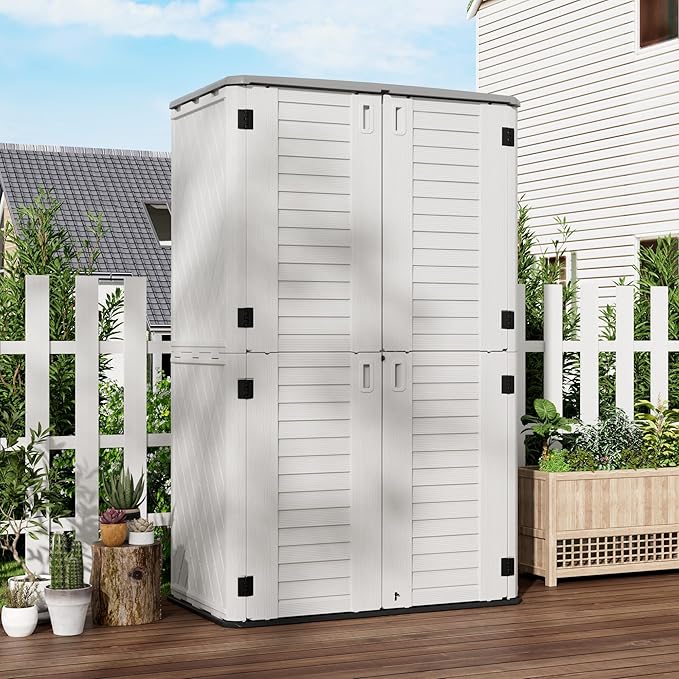 Outdoor Storage Cabinet Waterproof, Resin Vertical Storage Shed Lockable