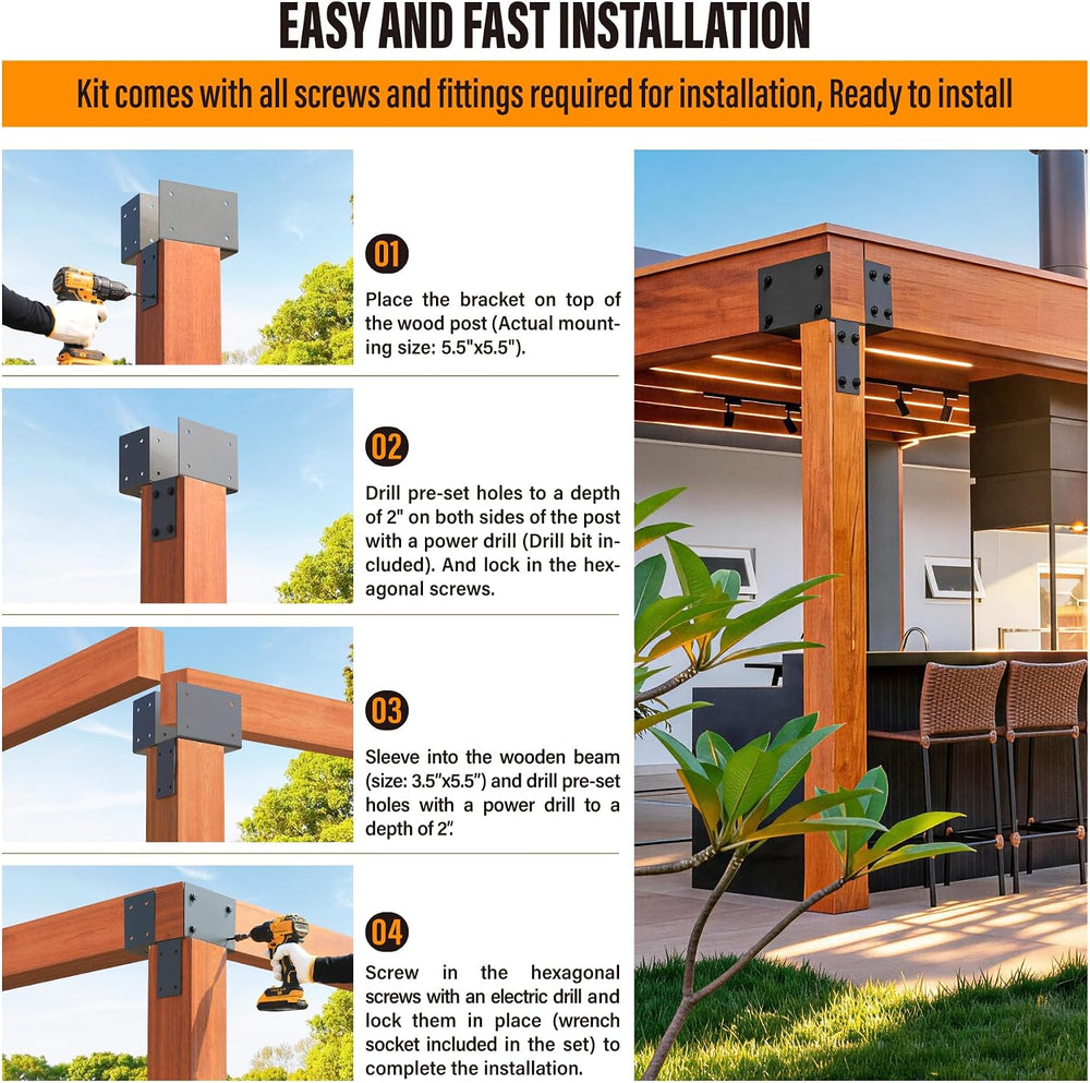 2 Pack 4x6 (Actual 3.5"x5.5") Heavy Duty Stainless Steel Pergola Br...